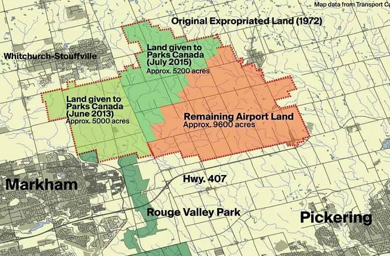 Map of the Pickering Lands showing the original expropriated land, land transferred to Parks Canada, and remaining airport land