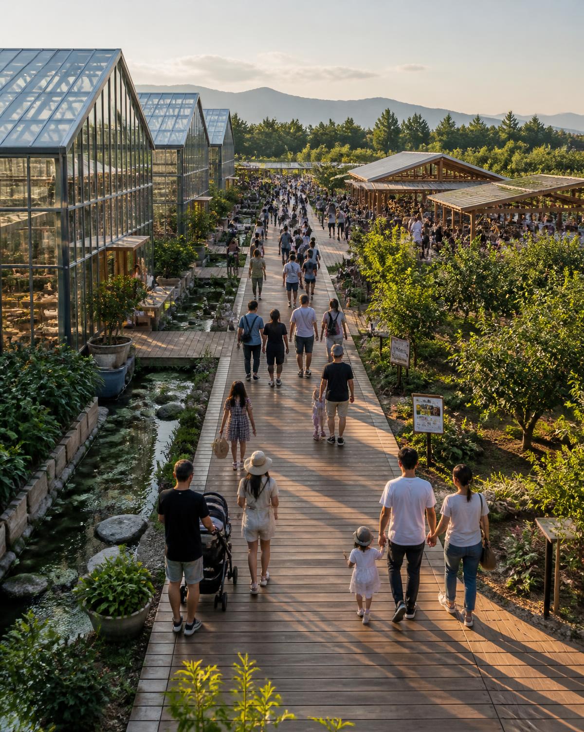 Visitors walking a boardwalk between greenhouse corridors, orchards and market pavilions